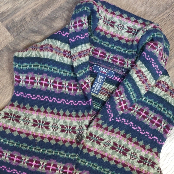 Chaps Vest Womens medium Button Up‎ Fair Isle Cotton Blend western style - Picture 2 of 11